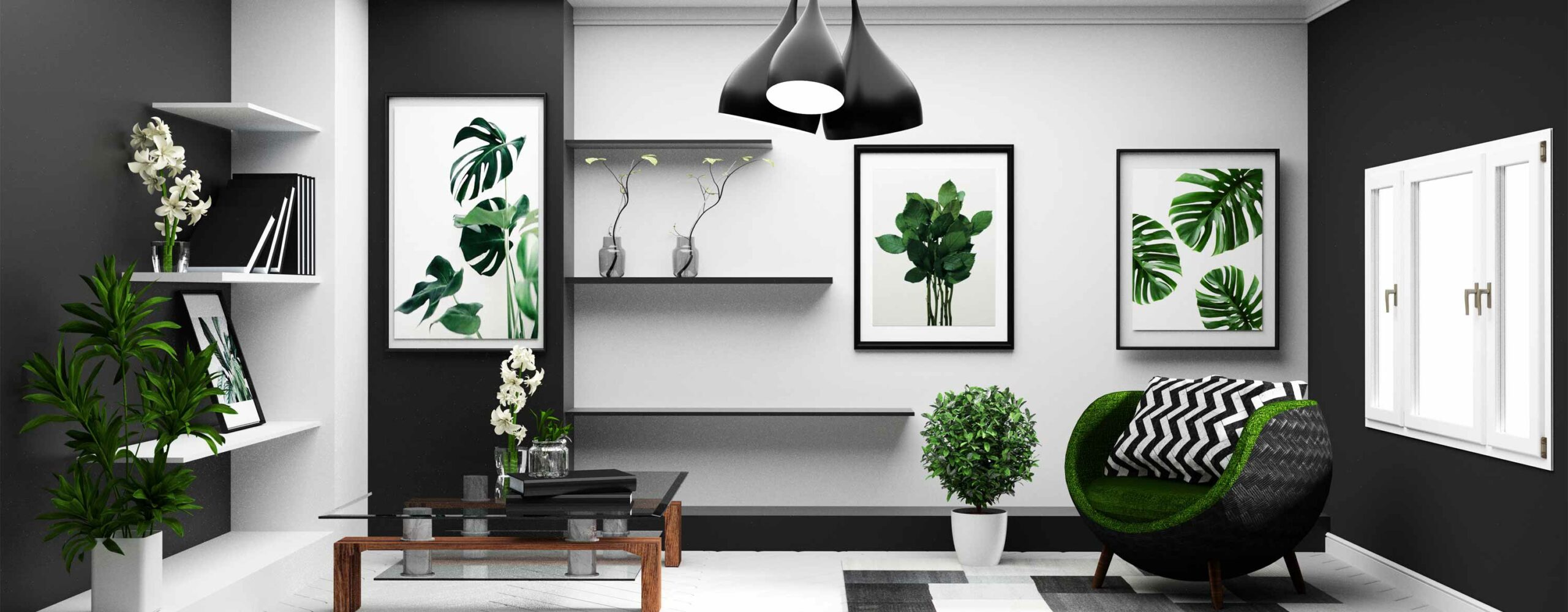 wohnraum im schwarzweiß design minimalistisches interior grüne pflanzen schwarze deckenlampe kissen mit chevronmuster auf sessel